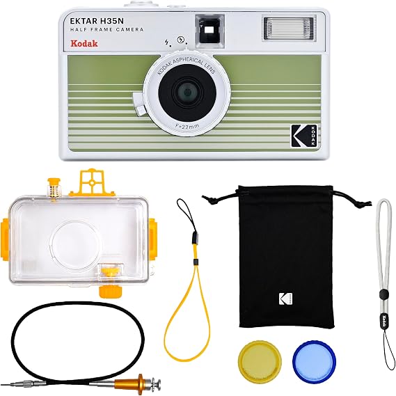 KODAK EKTAR H35N Yarım Çerçeve Film Kamera Premium Kiti,35mm Yeniden Kullanılabilir,Su Geçirmez Kılıf,Kablo Çıkarıcı,Renk Filtreleri,Flaşlı,Seyahat Dostu(Film ve AAA Pil dahil değildir)(Çizgili Yeşil)