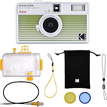 KODAK EKTAR H35N Half Frame Film Camera, 35mm, Reusable, Focus-Free, Bulb Function, Built-in Star Filter, Coated Improved Lens Film & AAA Battery are not Included Striped Green, Premium Kit