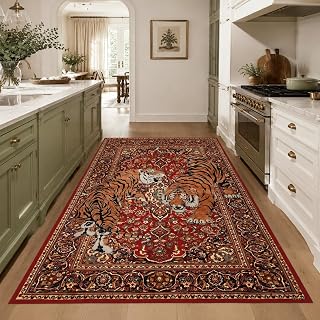 Teppiche,Orientalischer Vintage-Blumen Rot Orange mit Tiger-Print Rectangular 200 x 300 cm, Waschbar Anti-Rutsch großer Teppich Wohnzimmer Schlafzimmer Dekor,