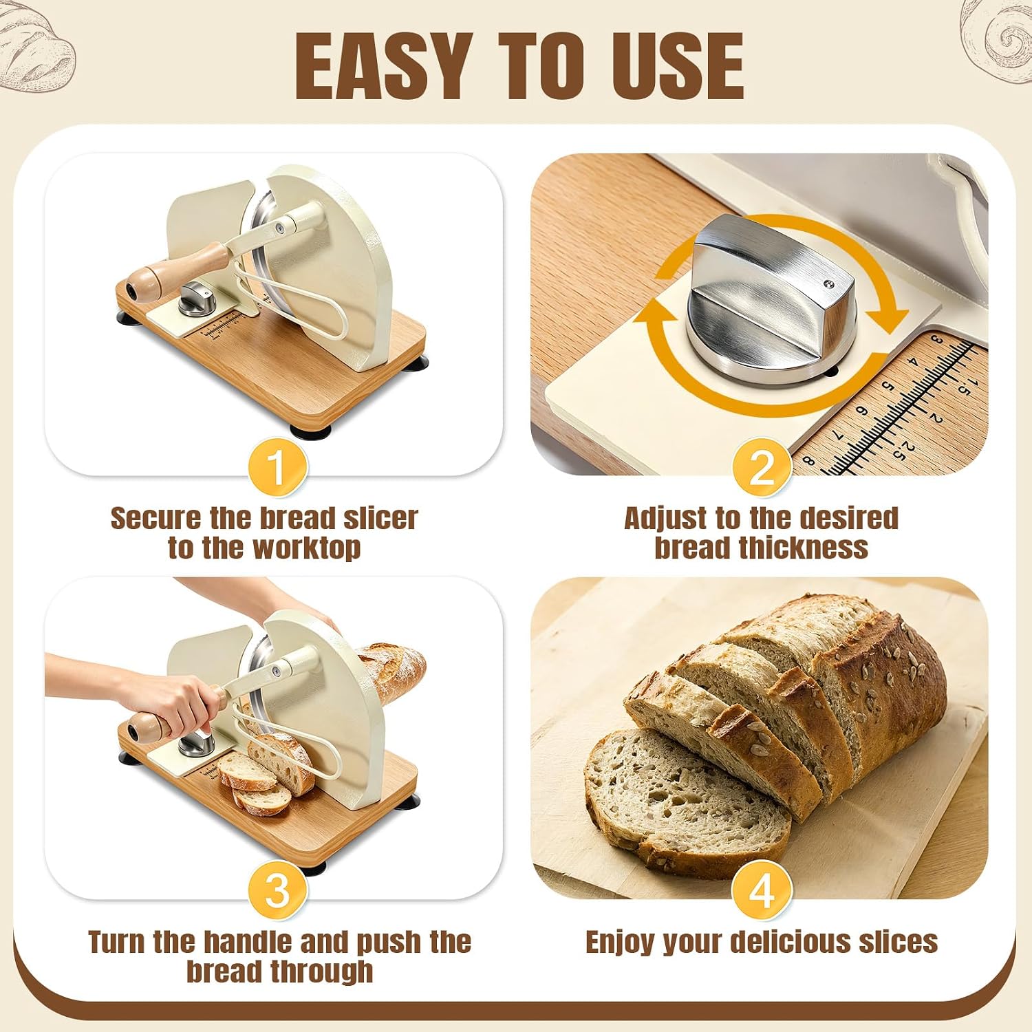 Manual Bread Slicer for Homemade Sourdough Bread, Hand Crank Bread Cutter with Scale Line & Suction Cup & Metal Guide, Sourdough Bread Slicer with Bread Bag, Adjustable Thickness & Evenly Slicing