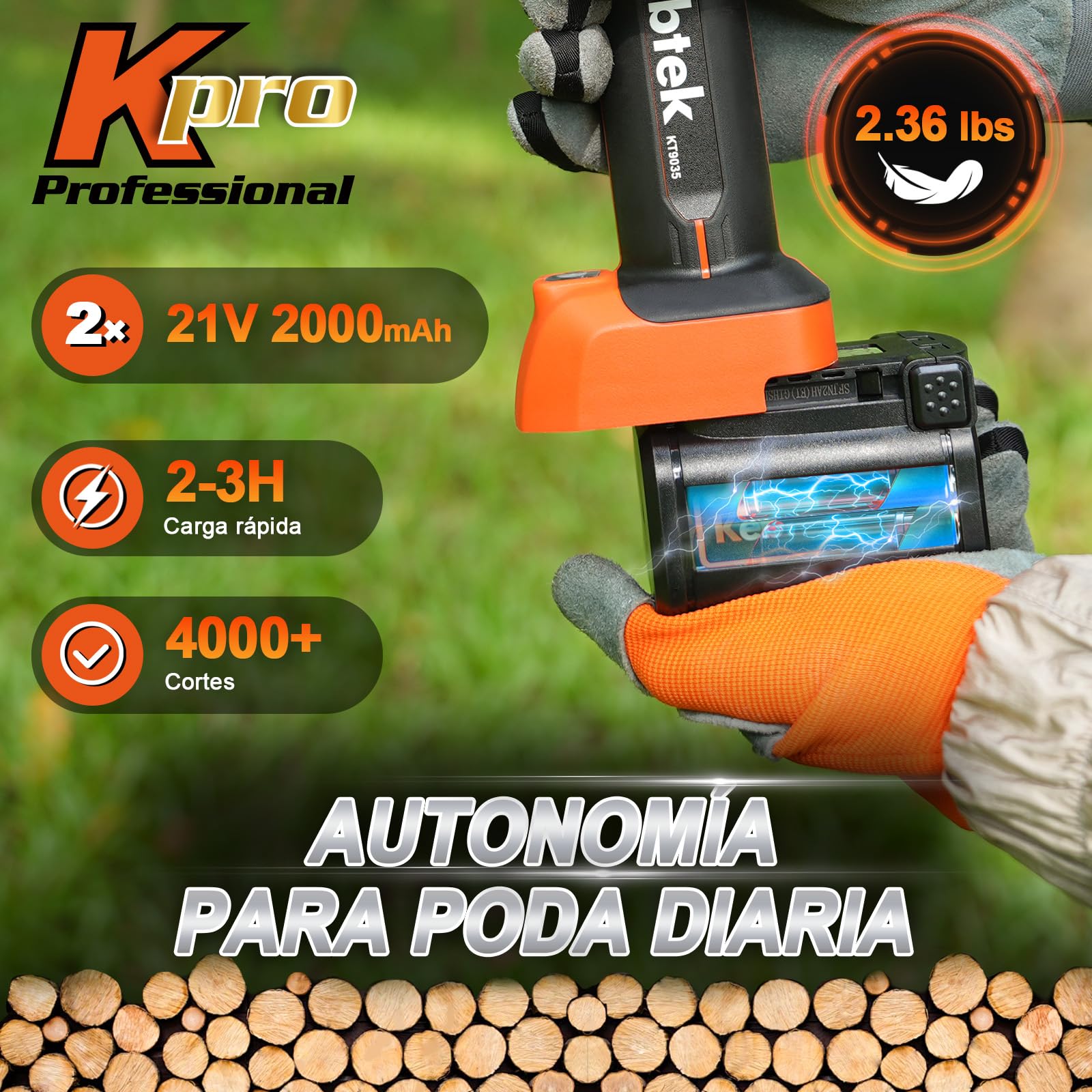 Kebtek KT 9035 Tijera de Poda Eléctrica Profesional 35mm | Batería 21V 4,0Ah, Diseño Ligero, Compatible Con Pértiga Extensible, Ideal Para Árboles, Frutales Y Jardines