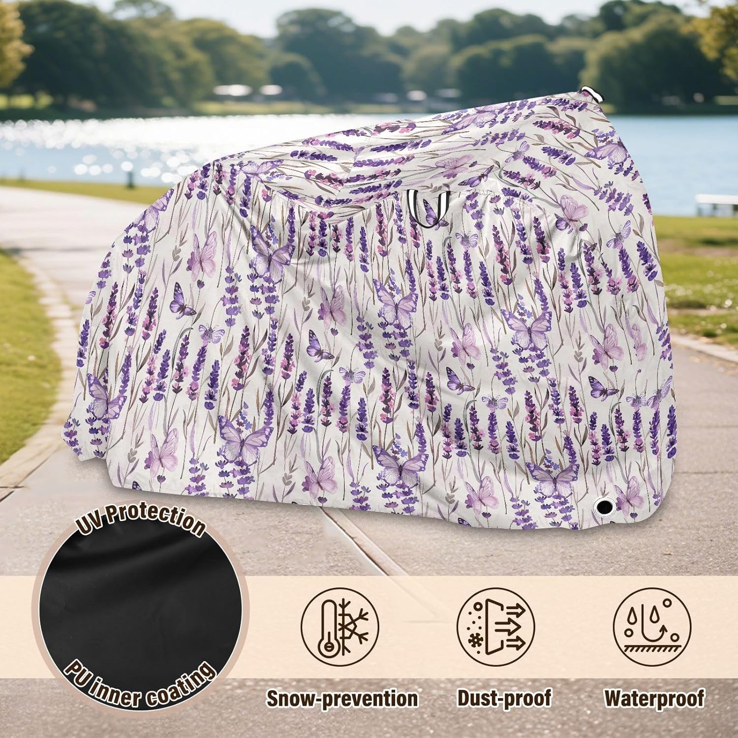 ALAZA Lavender Flower Butterfly Bike Cover Waterproof Outdoor Ebike Bicycle Covers Tarp Protection for 1/2 Bikes, Sun UV Dust Wind Proof