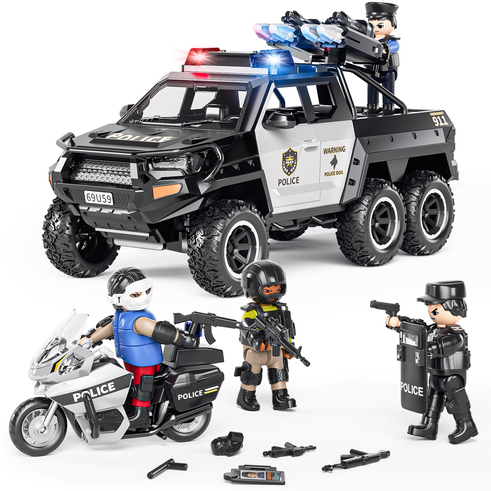 Doloowee Giocattolo auto della polizia per ragazzi di 3, 4, 5, 6 anni | Veicolo giocattolo con luci e suoni, porte apribili, gioco di ruolo con personaggi, regali per bambini dai 3 anni in su