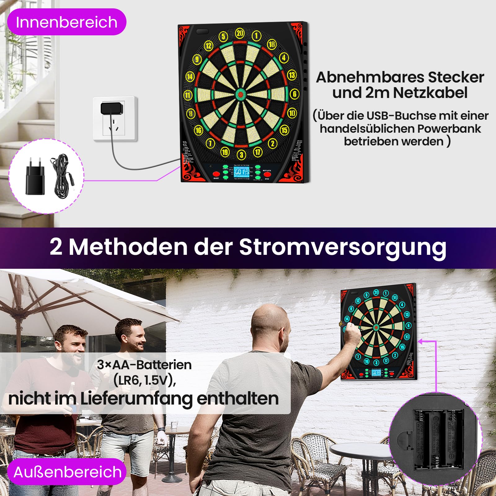 Mejasg Dartscheibe Elektronisch mit Deutsche Stimme&Beleuchteter Zahlenring | LCD-Display mit automatisch Zählen, 34 Spiele und 369 Variationen, Lautstärke 0-8, für 1-8 Spieler, für Hause Büro Bar Garage