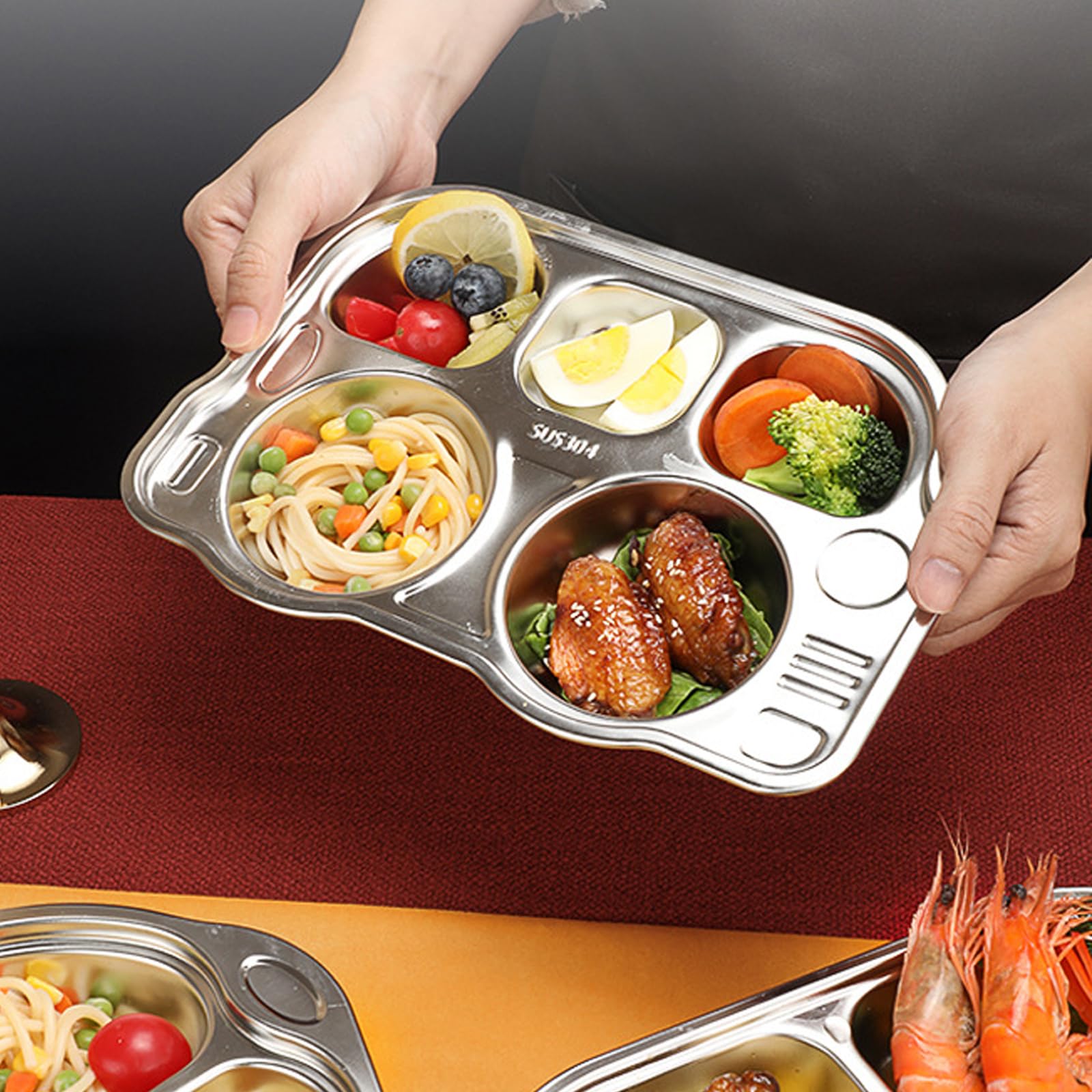 Yanhalo 2 Pack Divided Plate, 5 Sections 304 Stainless Steel Divided Dinner Tray for Adults Kids, Campers - Image 2