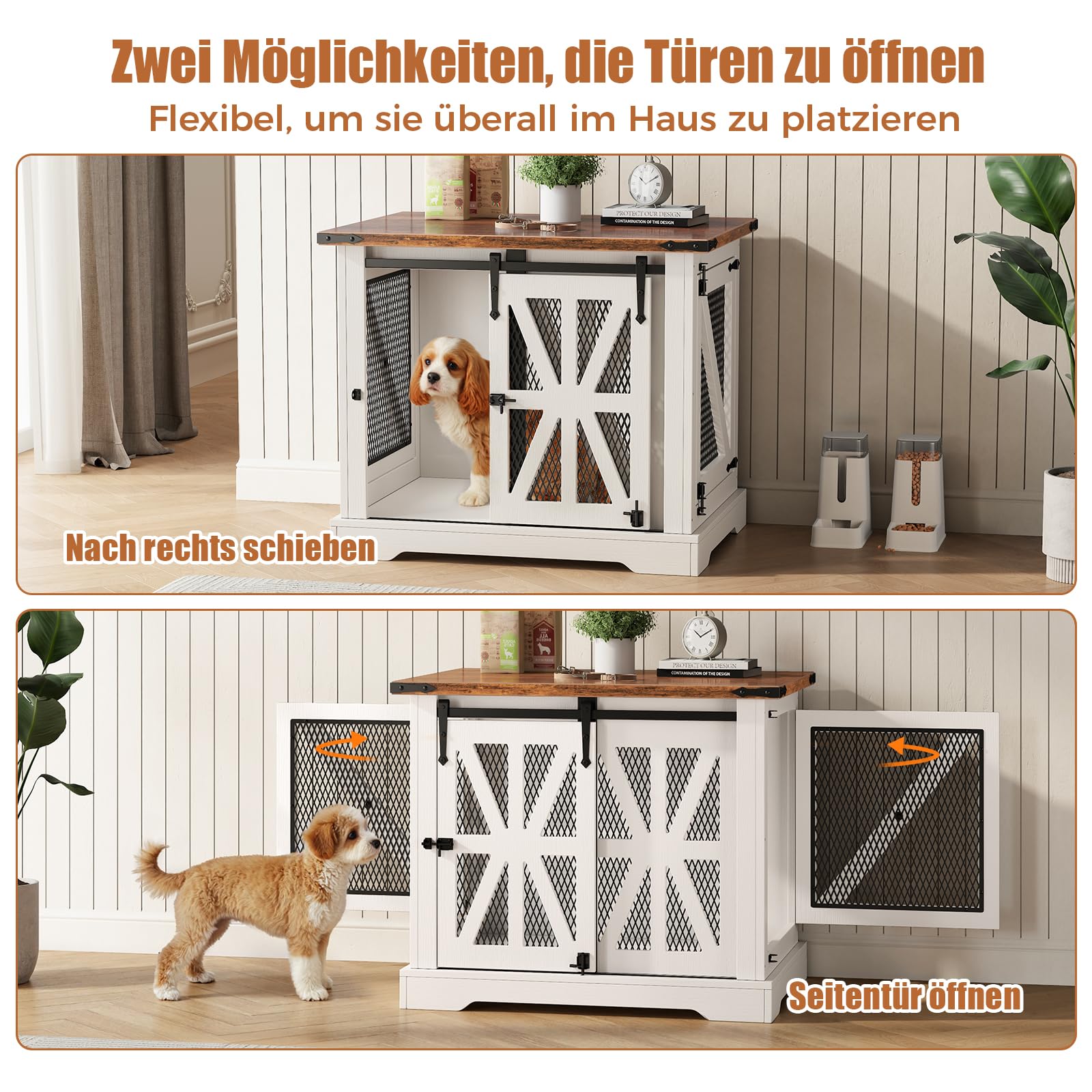 Hundekäfig, 73 cm Hundebox, Dreitüriger Hundekäfig für zu Hause, Schiebetür, Modernes Holz-Hundehäuschen, Geeignet für Kleine Hunde und Welpen, Verstärktes Design, Größe: 73x51x60 cm, Weiß