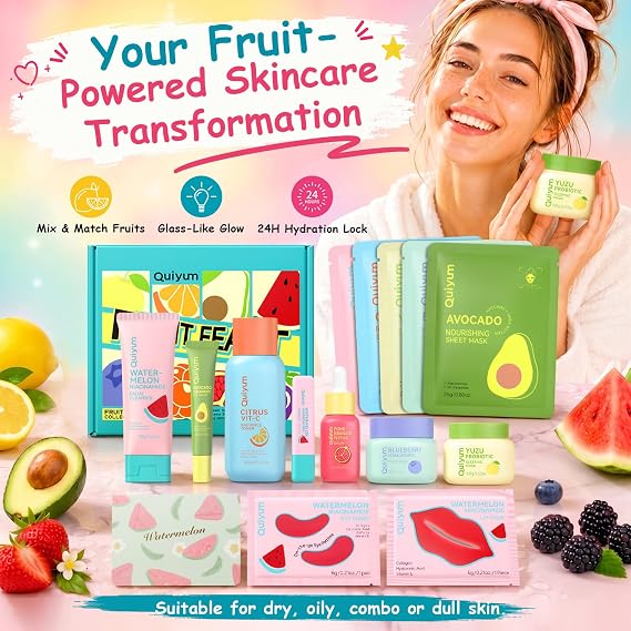 Quiyum Fruit Skincare Set, 14Pcs Dopamine At-Home Spa Face Routine Kit