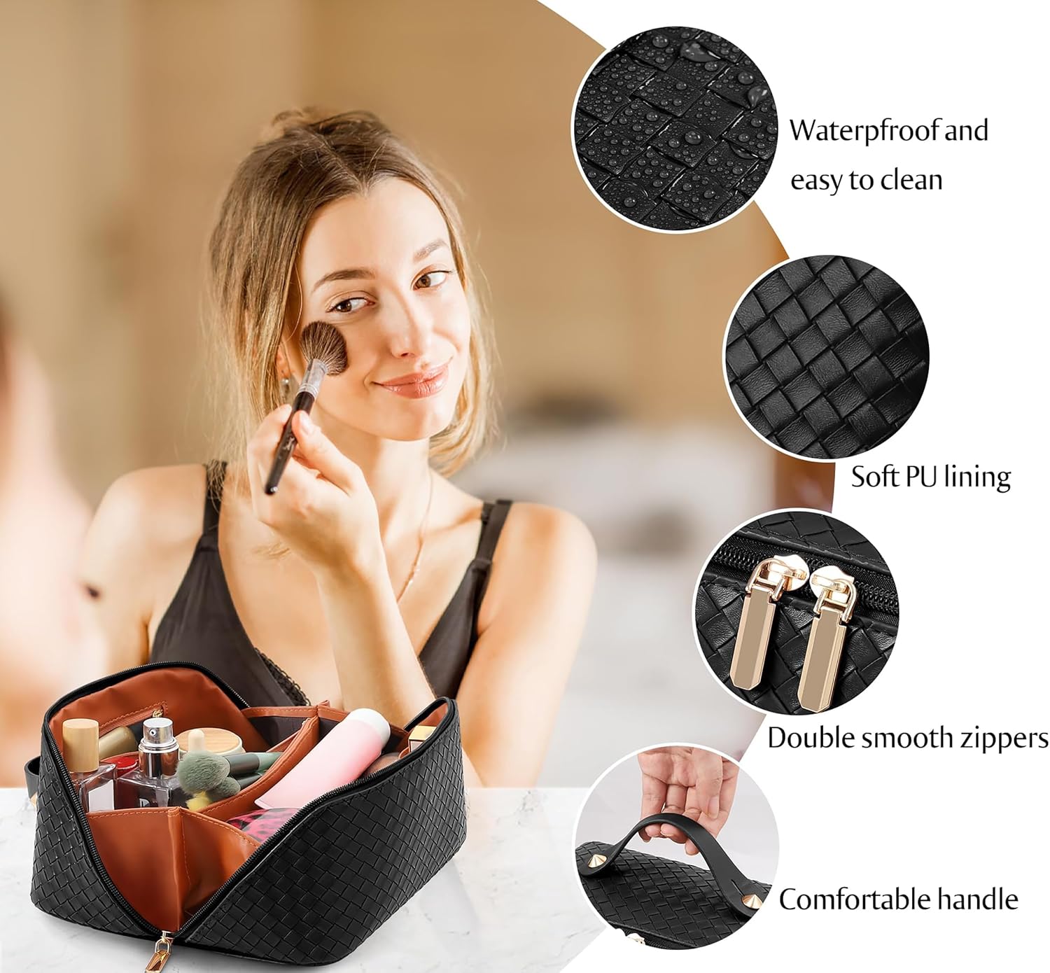 Large Capacity Travel Cosmetic Bag - Portable Makeup Bags for Women Waterproof PU Leather Checkered Makeup Organizer Bag with Dividers and Handle,Toiletry Bag for Cosmetics - Image 5