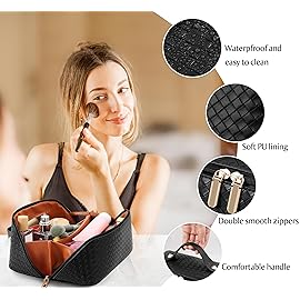 Large Capacity Travel Cosmetic Bag - PU Leather Makeup Organizer Bag Portable Woven Makeup Bags for Women Waterproof Travel Toiletry Bag with Divider Pouch, Black