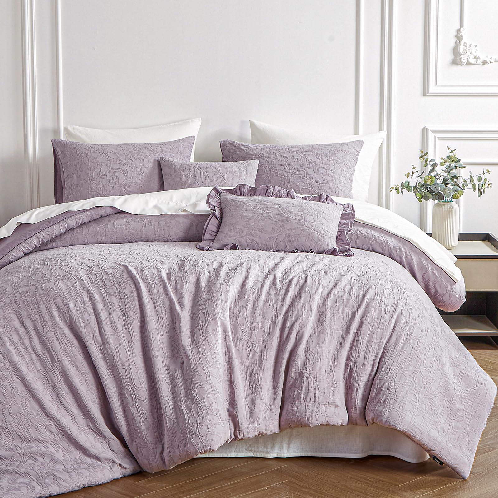 softpage Cotton Queen Comforter Set, Purple Comforter Queen, Mauve Vintage Farmhouse Comforters Queen Size Pre Washed, Jacquard Comforter Set Bedding 3 Pieces (1 Comforter, 2 Pillowshams)