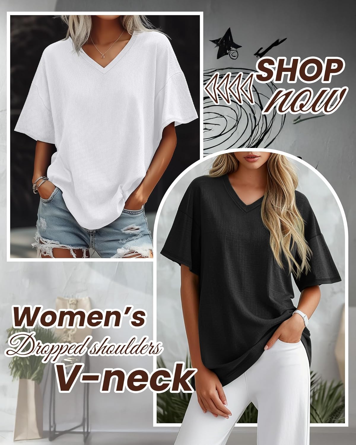 Huukeay 3 Pack Oversized Waffle Knit Tops for Women V Neck Half Sleeve Shirts Casual Drop Shoulder Tunic Top Blouses - Image 2