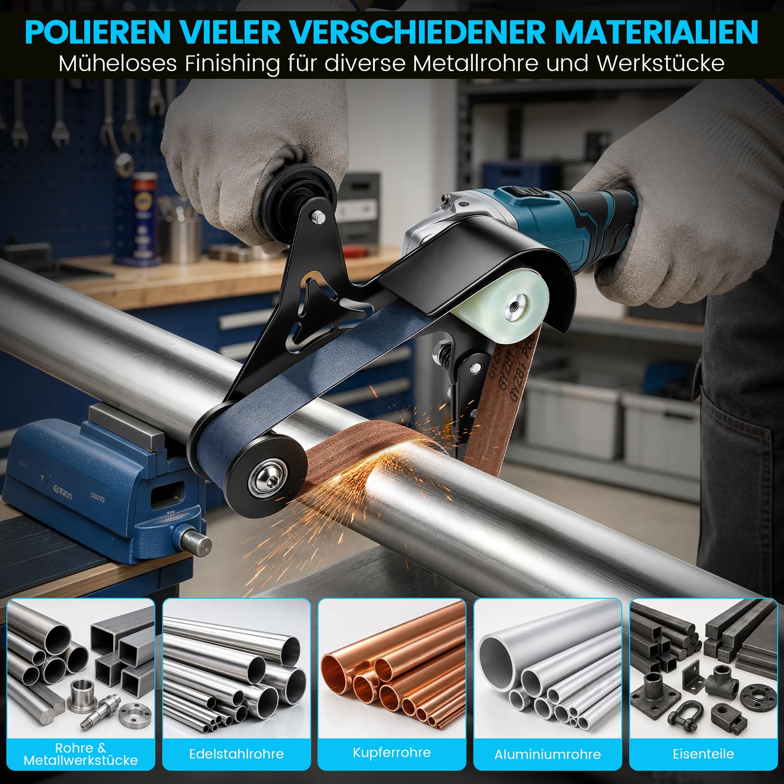 Akku Rohrbandschleifer mit 2x4.0Ah Akkus, 1200W Bürstenloser Bandschleifer