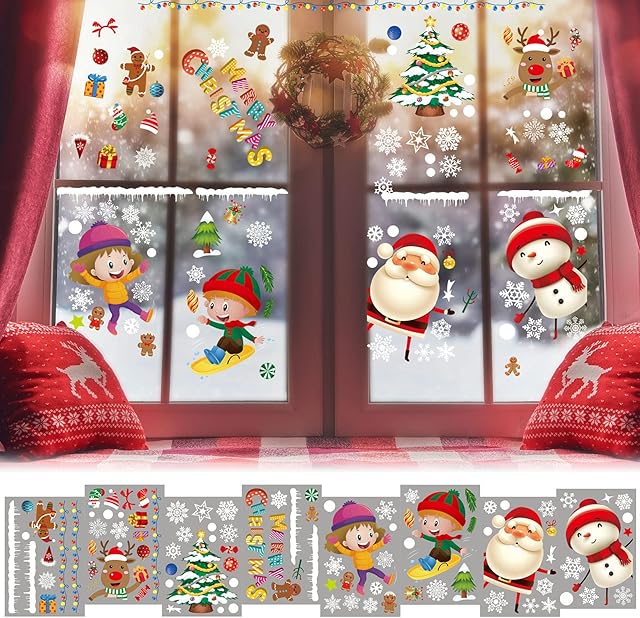 DPKOW 90Pcs Christmas Window Sticker,Christmas Window Clings Decals with Santa Snowman Snowflakes Xmas Window Stickers,Christmas Window Decals Xmas Window Decorations for Christmas Window Display