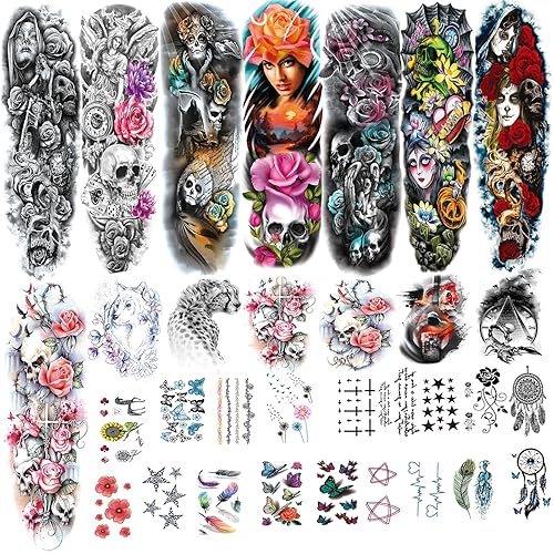 12 hojas PadOUN grandes flores cráneo temporal tatuaje manga para mujeres, 8 hojas realistas brazo completo tatuajes manga y 4 hojas medio brazo