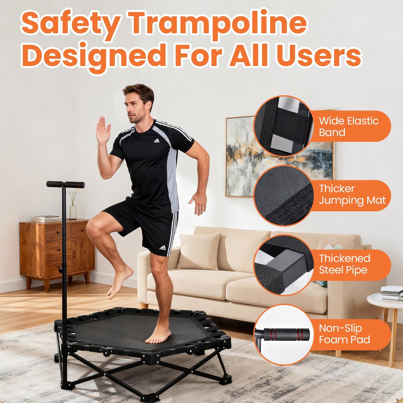 Mini Trampolino Fitness Pieghevole, Trampolino Rimbalzante Pieghevole Con Maniglia Regolabile, Silenzioso E Delicato Sulle Articolazioni, Elastici Extra Larghi, Capacità Di Peso Di 150 Kg