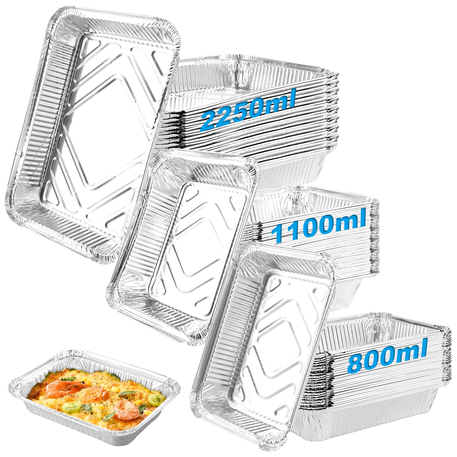 60 Stück Alu Grillschalen Wiederverwendbar, 800ml/1100ml/2250ml Aluschalen Grill Groß, Fettauffangschale Gasgrill Aluschalen für Braten Kochen Backen, Grillschale Alu