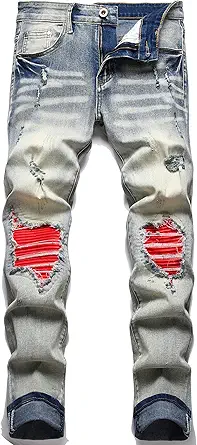 OIIIO Men's Patch Ripped Stretch Regular Fit Jean