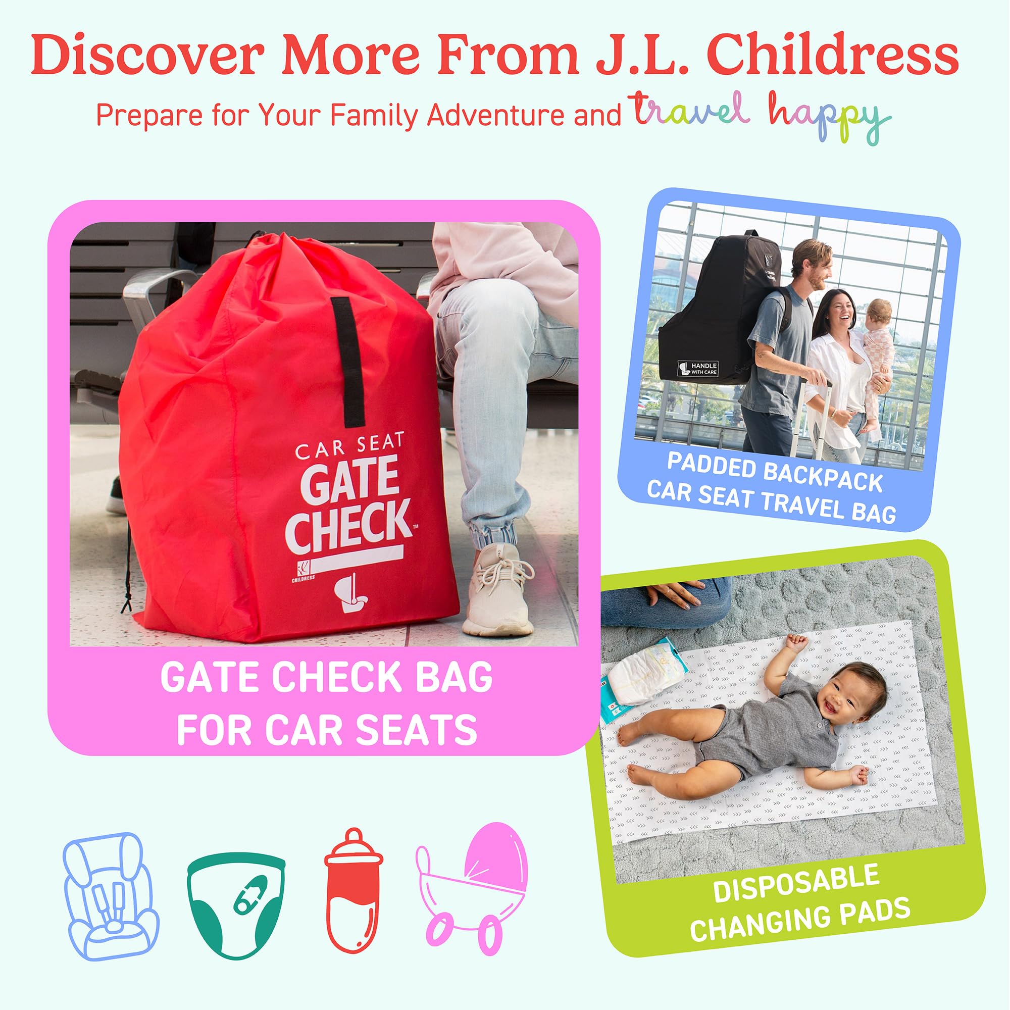 J.L. Childress Gate Check Sac pour poussettes Standard et Doubles – Sac de Voyage pour Poussette, Noir, Noir, Compacte