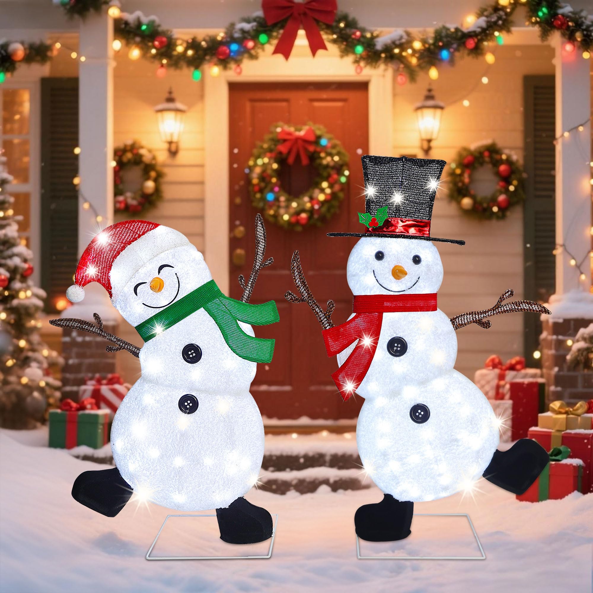 Lulu Home 2-Pack Lighted Christmas Snowman Decorations, 3.1+2.5FT Outdoor Snowmen with 70 LEDs White Lights, 2D Plug-in Snowman Holiday Yard Decor with Scarves for Lawn Garden Party