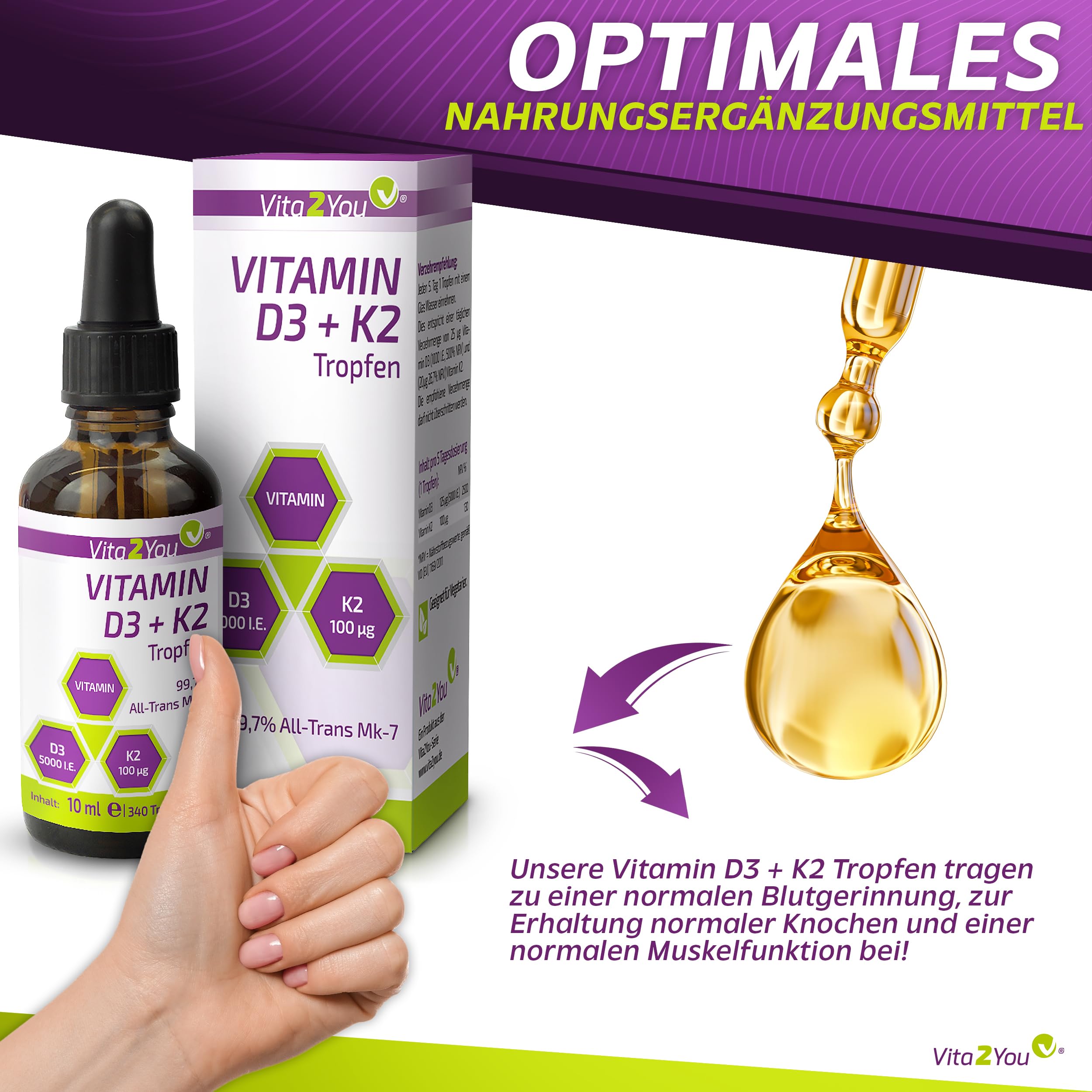 Vita2You Vitamin D3 + K2 Tropfen - Vitamin D3 5000 IE - Vitamin K2 100µg pro Tropfen - K2VITAL - MK-7-99,7% All-Trans - MCT-Öl - Premium Qualität - Made in Germany