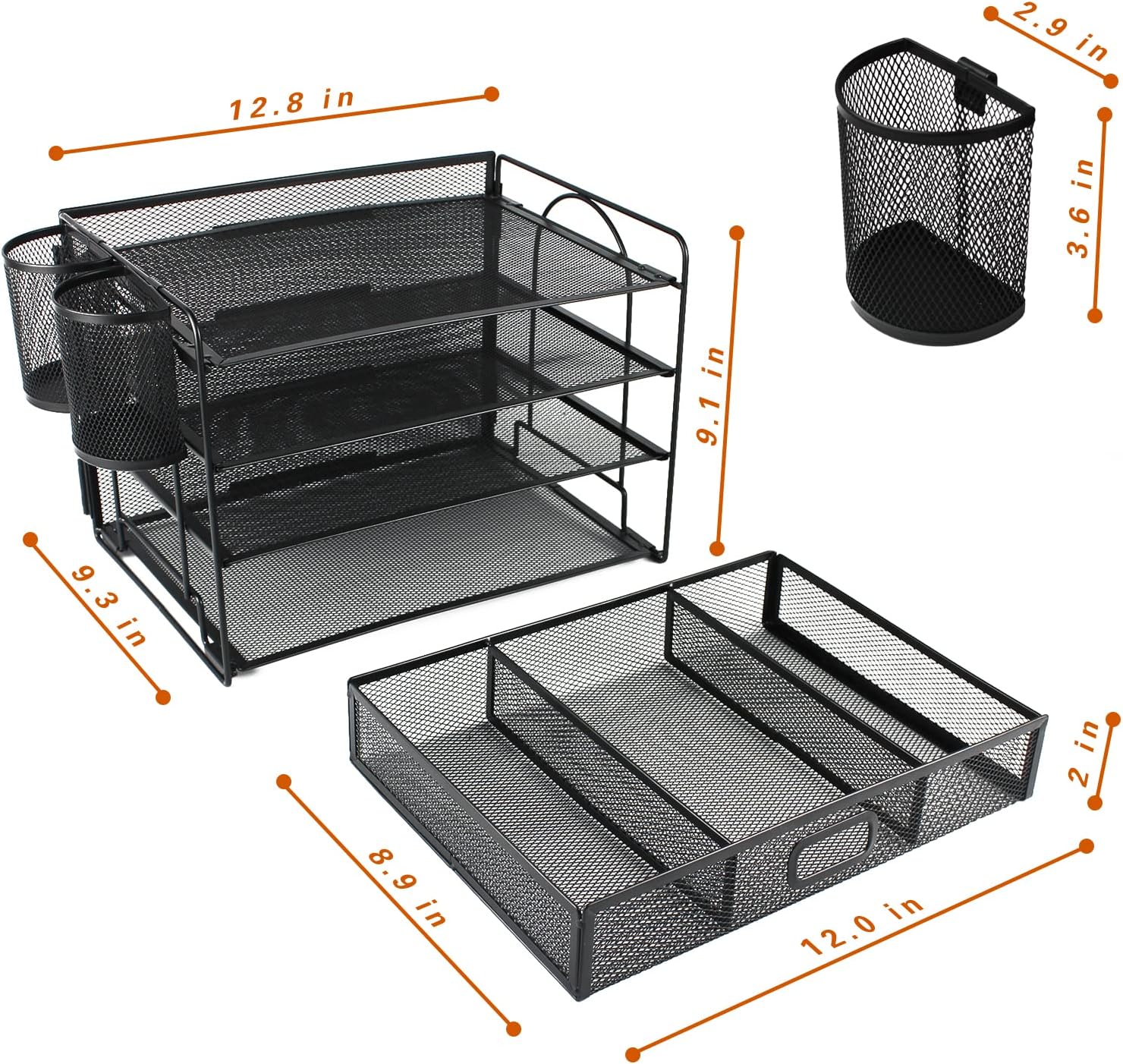 FancoYard Desk Organizers Set, Mesh Office Supplies Paper File Organizer for Desk with Pen Holder, Notebook, Pencil Storage Accessories with 4 Trays + Sliding Drawer, Black : Office Products