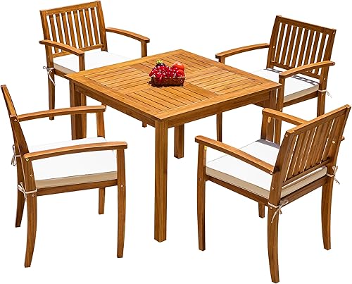 Miniatura 7 de Flamaker Juego de comedor al aire libre de 5 piezas, mesa y sillas de madera de acacia con cojines suaves, muebles de patio para terraza, patio