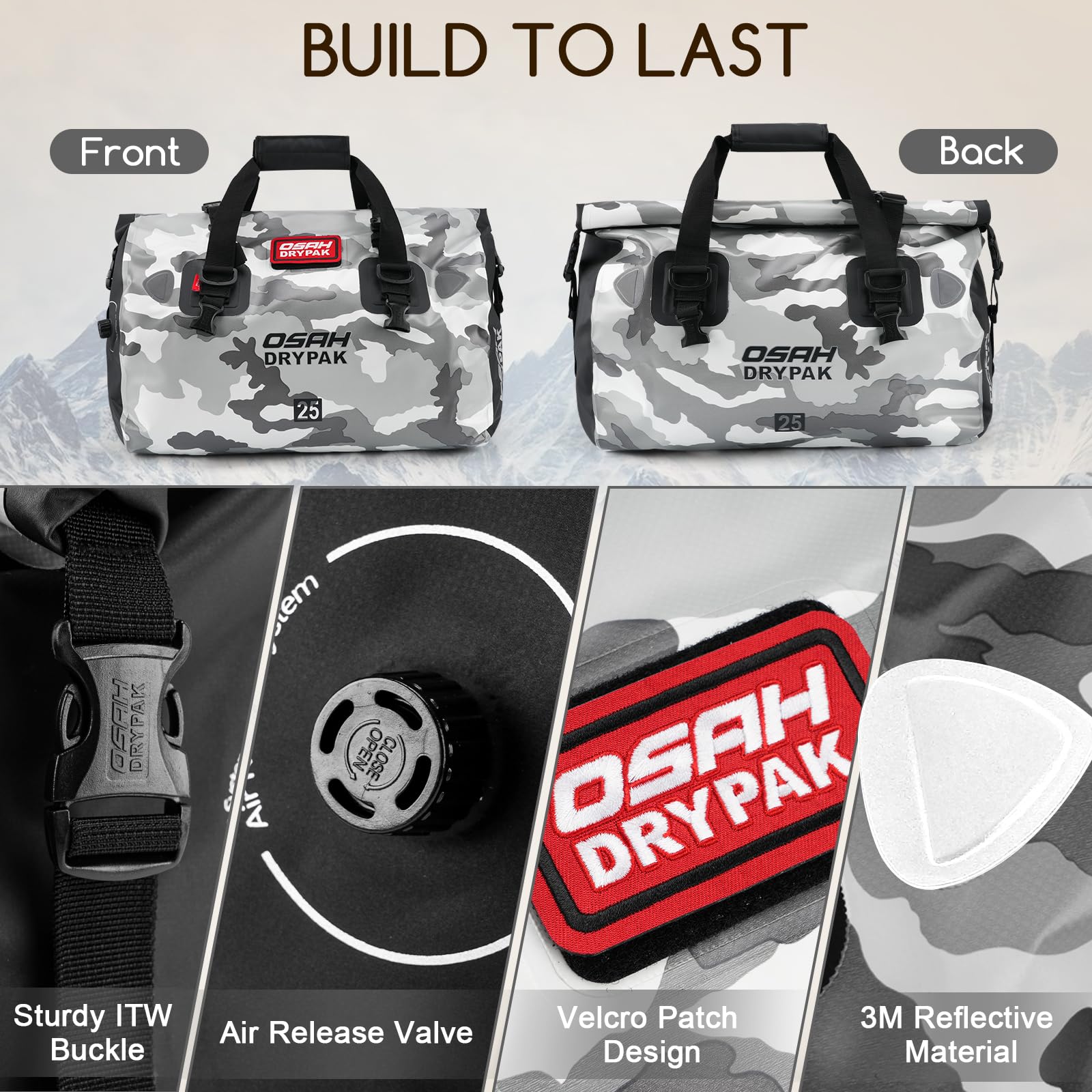 OSAH DRYPAK Bolso de Lona Impermeable - Bolsa Trasera estanca para Moto con Gran Espacio, Equipaje Impermeable con Bolsillo Exterior de Malla con Cremallera para Acampada, Kayak, Pesca y Viajes