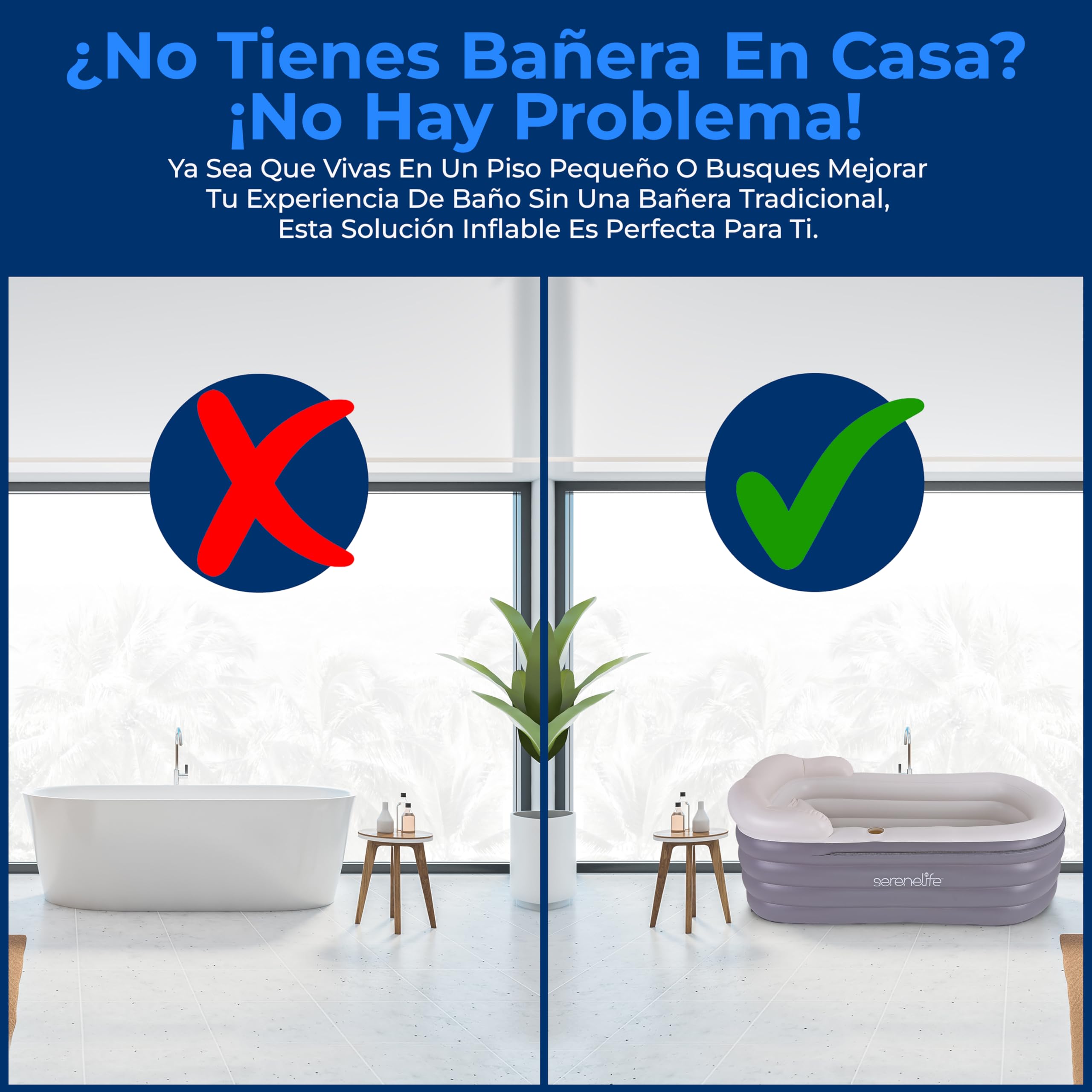 SereneLife bañera hinchable adulto, Con respaldo y reposabrazos, Inflable, Con hidromasaje y colchoneta de burbujas, Incluye cojin, Portavasos y mando para luces LED