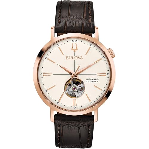 Bulova Men's Classic Aerojet 3-Hand Automatic Leather Strap Watch, Open Aperture, 40-Hour Power Reserve, Double Curved Mineral Crystal, 41mm