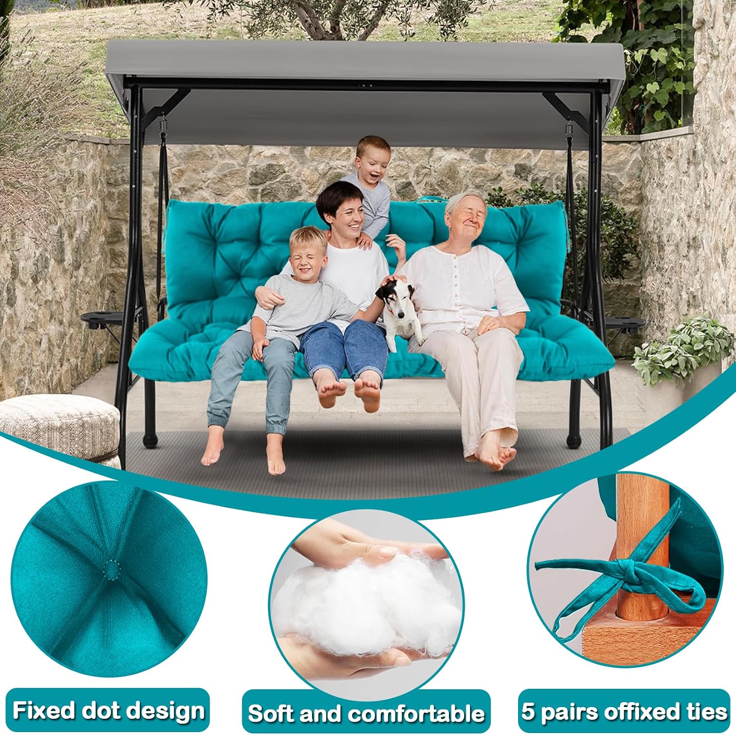 Swing Replacement Cushions with Backrest, 2 Seater Porch Swing Cushions Waterproof Non-Slip Overstuffed Bench Pad Swing Cushion for Outdoor Furniture Backyard Patio(Lake Blue,60X40IN)