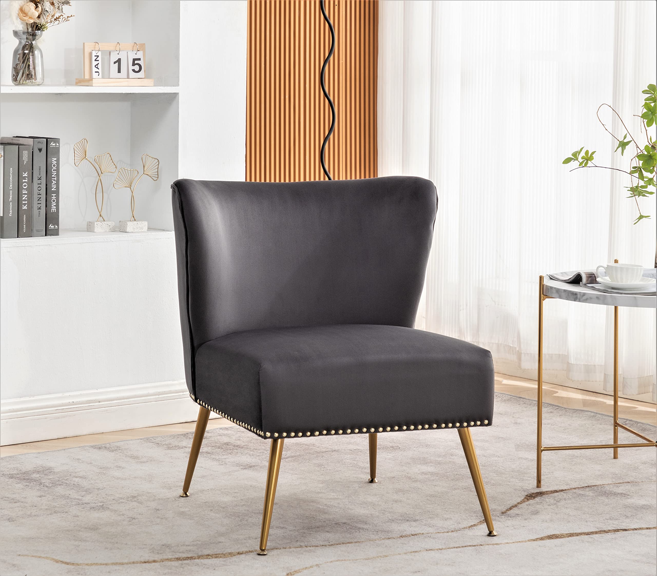 Sedia Moderna In Velluto Color Foglia Di Tè Con Gambe In Metallo – Senza Braccioli, Per Soggiorno, Camera Da Letto O Ingresso