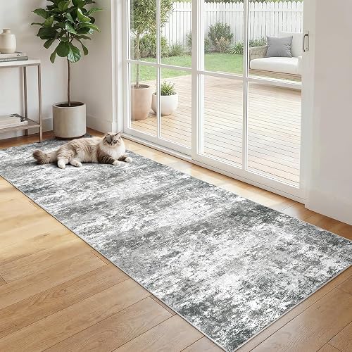 WITSHOCK Dark Gray Abstract Washable 2.7x8 Hallway Runner Rug -