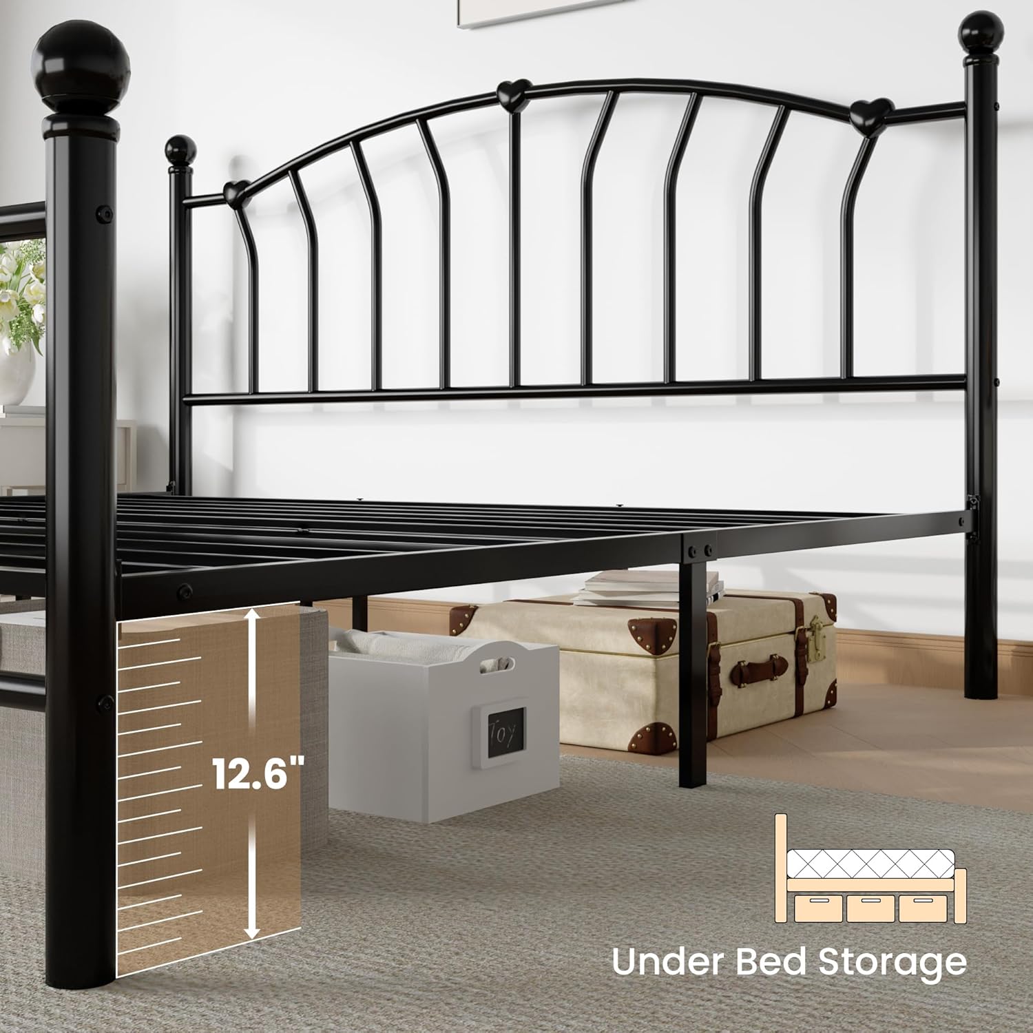 SHA CERLIN 14 Inch King Size Metal Platform Bed Frame with Heart Shaped Iron-Art Headboard/Footboard, Under Bed Storage, Noise Free Mattress Foundation, No Box Spring Needed, Easy Assembly, Black