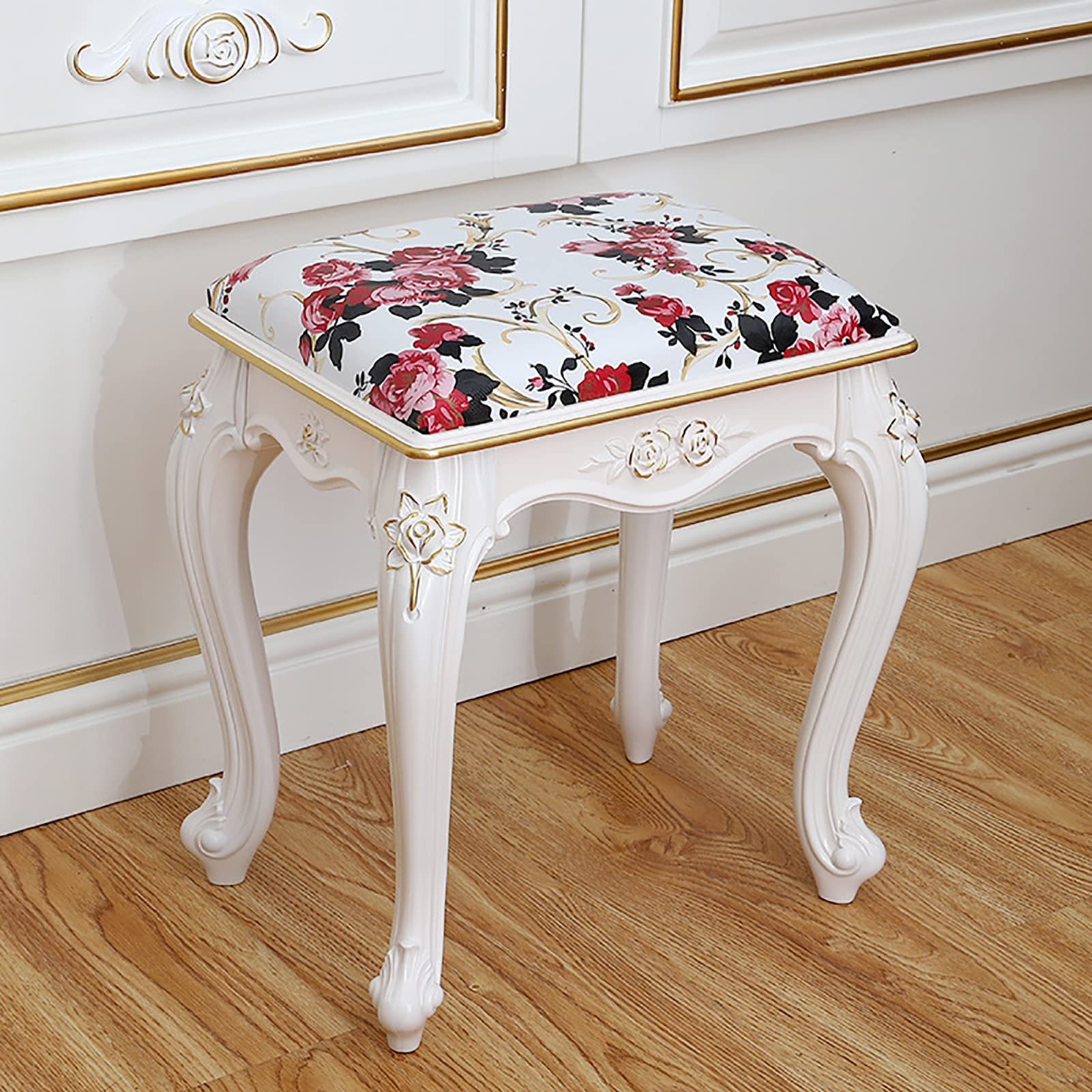 Asiento de maquillaje barroco blanco de alta gama con patas estables de madera de caucho