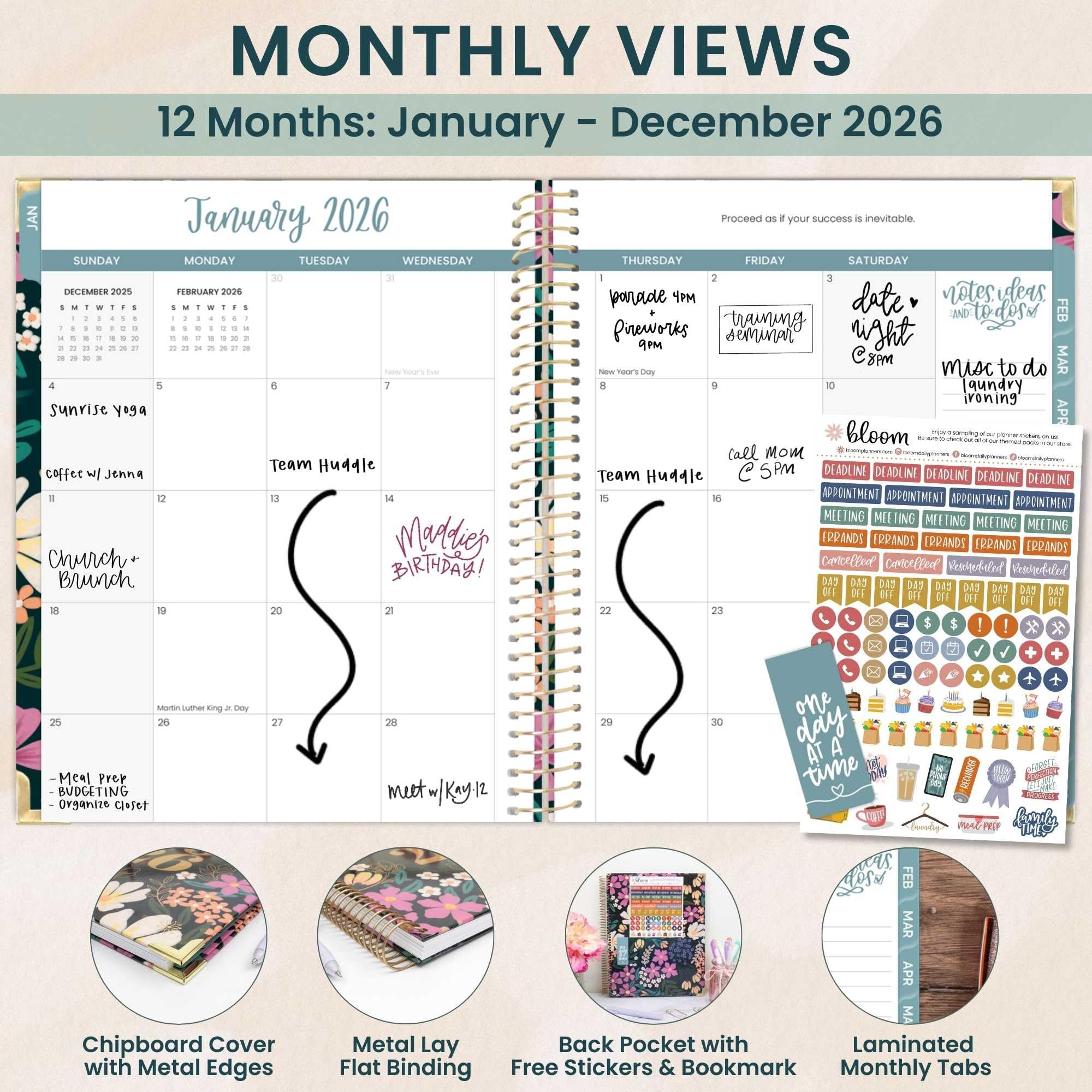 bloom daily planners HARDCOVER Planer 2026 (od stycznia do grudnia) - 21,5 cm x 28 cm tygodniowy i miesięczny organizer z naklejkami i zakładkami - kwitnąca dziko