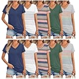 3/10 Pack V Neck T Shirts for Women Short Sleeve Tshirts Summer Casual Tops Loose Fit Basic Tees