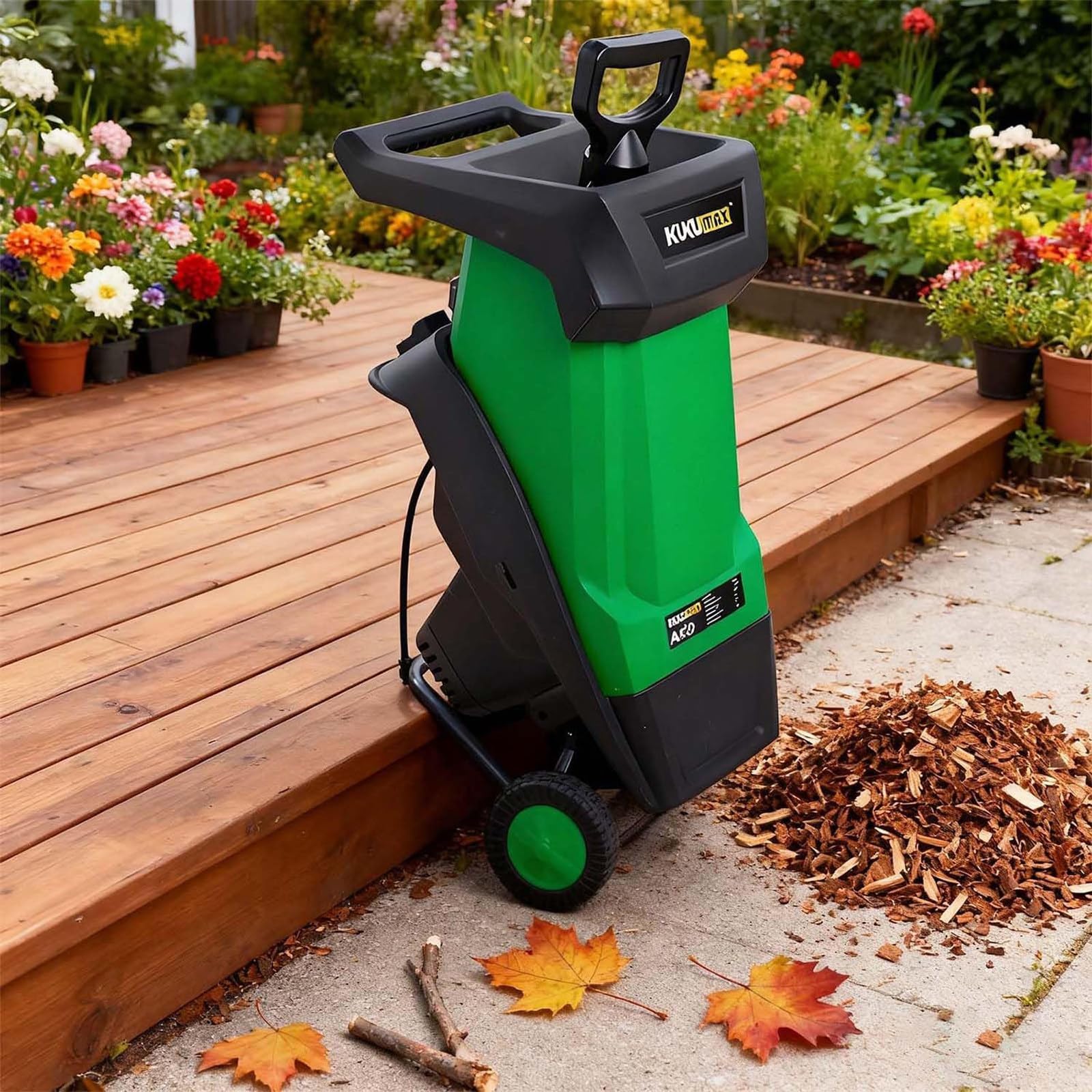 Broyeur de Branches Électrique 2400w sur Roues, Broyeur de Jardin Électrique Portable, Machine de Broyage de Déchets Verts Filaire avec Sac de Collecte, Trémie d'alimentation de 40mm