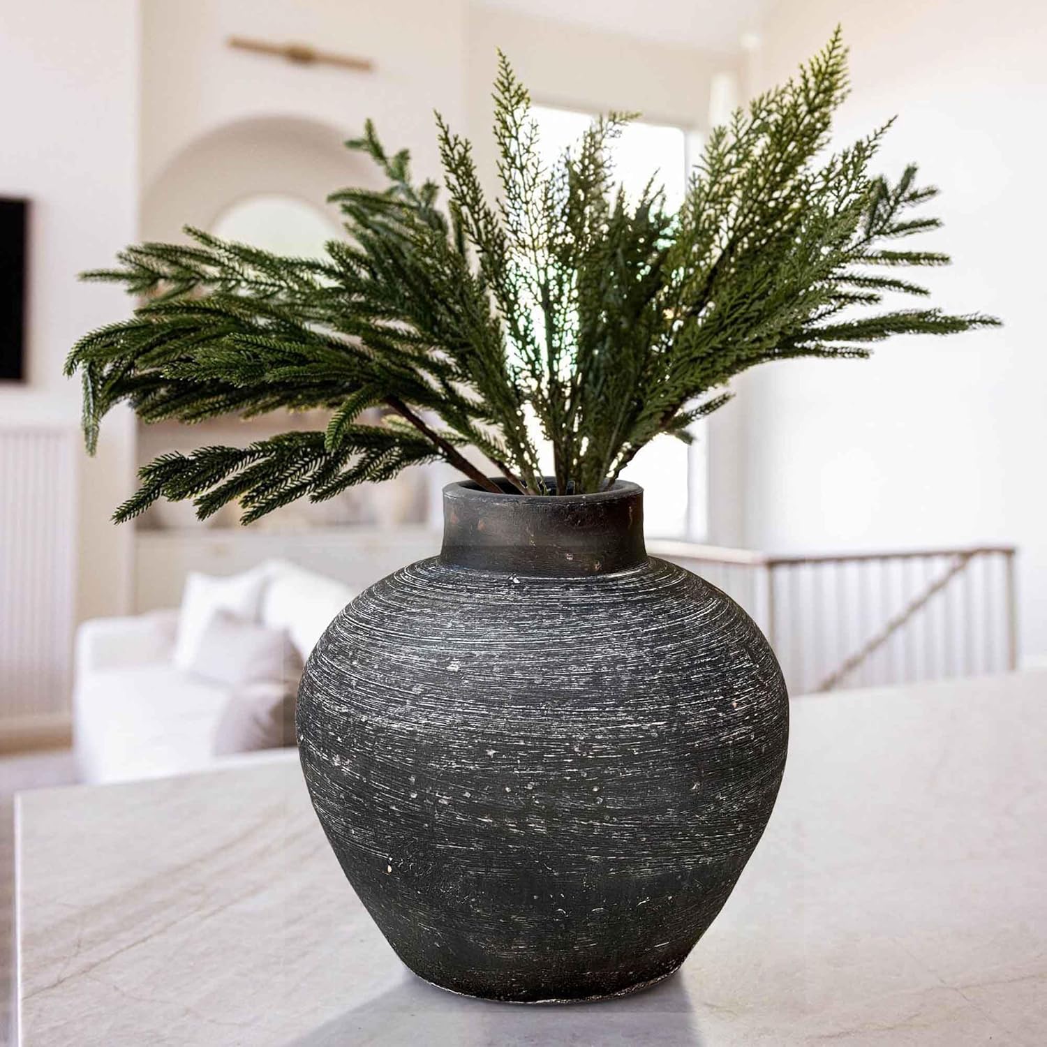 Handmade 10'' Black Rustic Clay Vase, Large Black Round Terracotta Vase, Stone Textured Farmhouse Pottery Pot