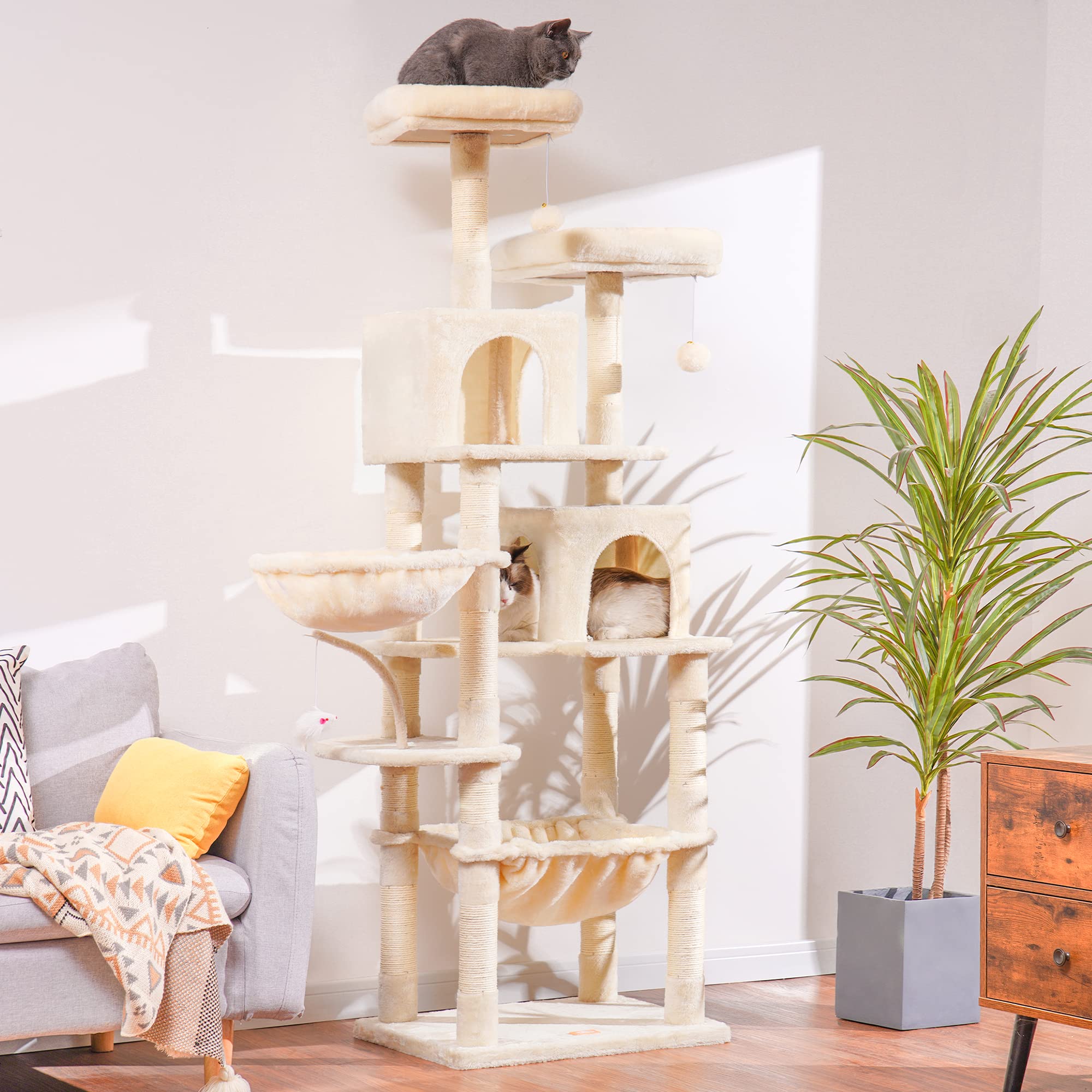 Heybly Cat Tree, 70 inches Tall Cat Tower condo with Toy for Indoor Large Cats, Cat House Furniture with Padded Plush Perch, Cozy Hammock and Sisal Scratching Posts,Beige HCT032M