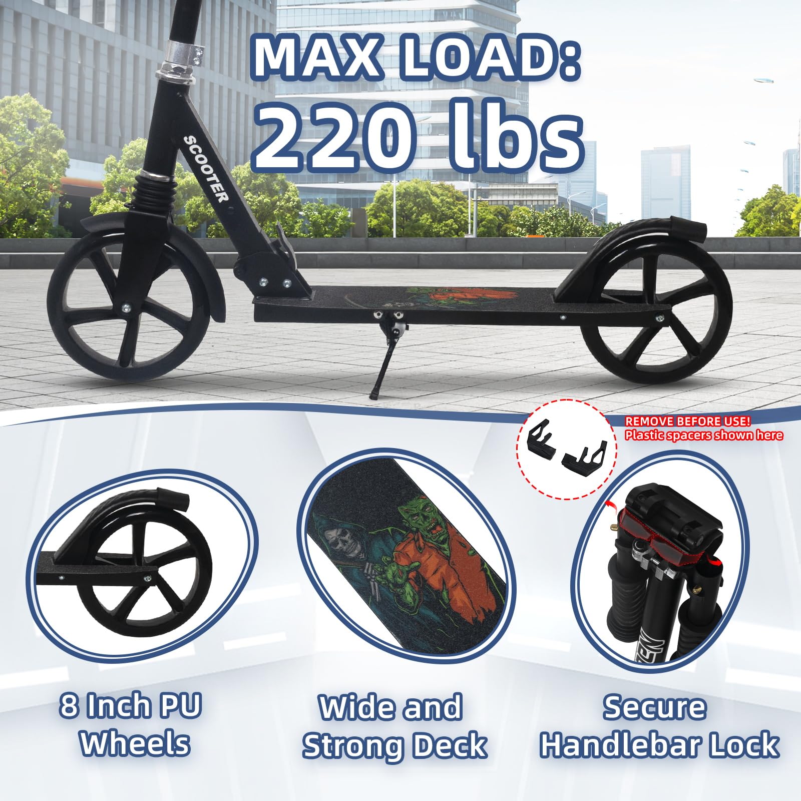Nattork Trottinette pour enfants de 6 ans et plus, adolescents et adultes – Capacité de poids de 100 kg, amortisseur avant et guidon réglable – Roulement fluide avec roues robustes de 20,3 cm, idéale