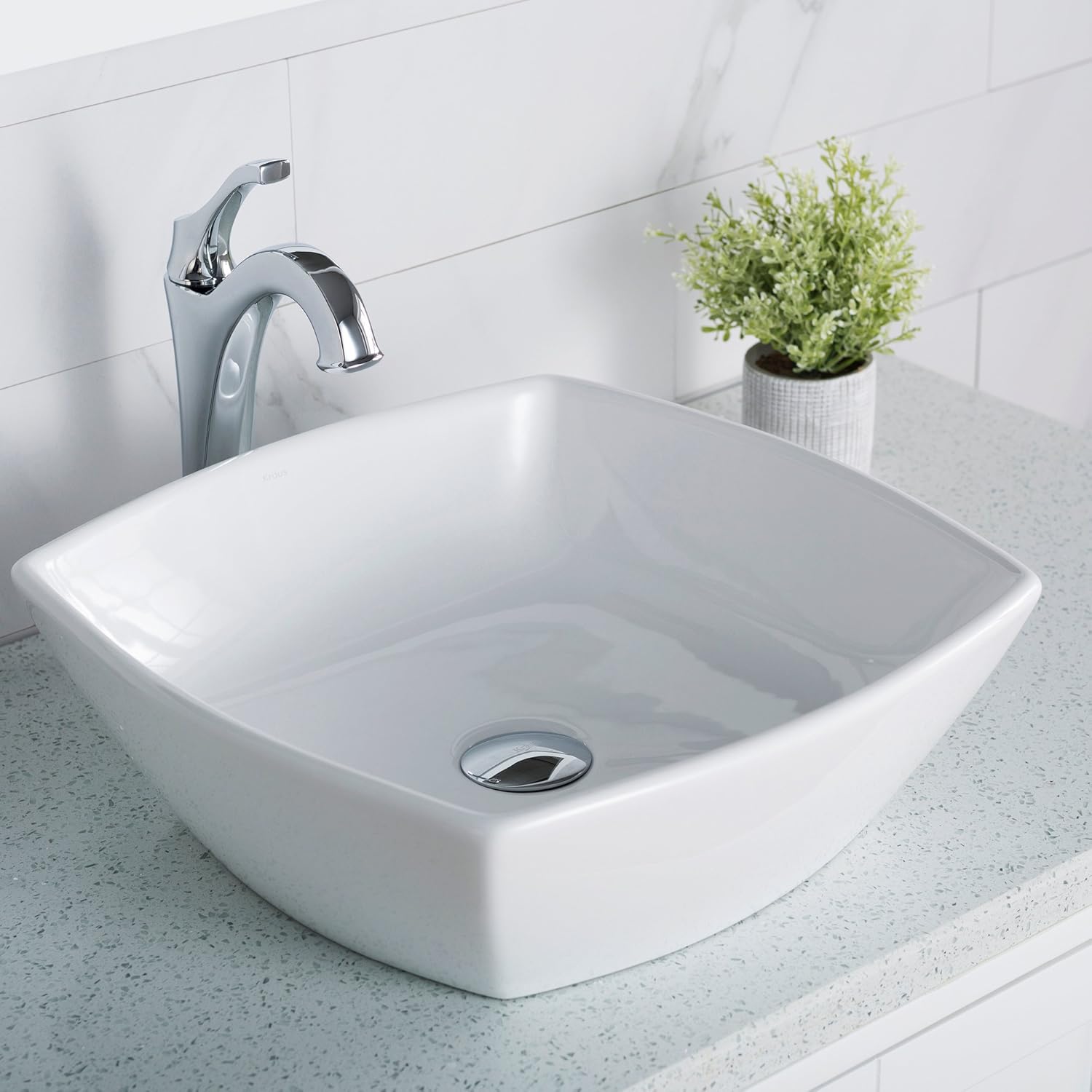 Crаzу Clеаrаnсе Kraus KCV-126 Ceramic Above counter Square Bathroom Sink, 16.5 x 16.5 x 6.6 inches, White
