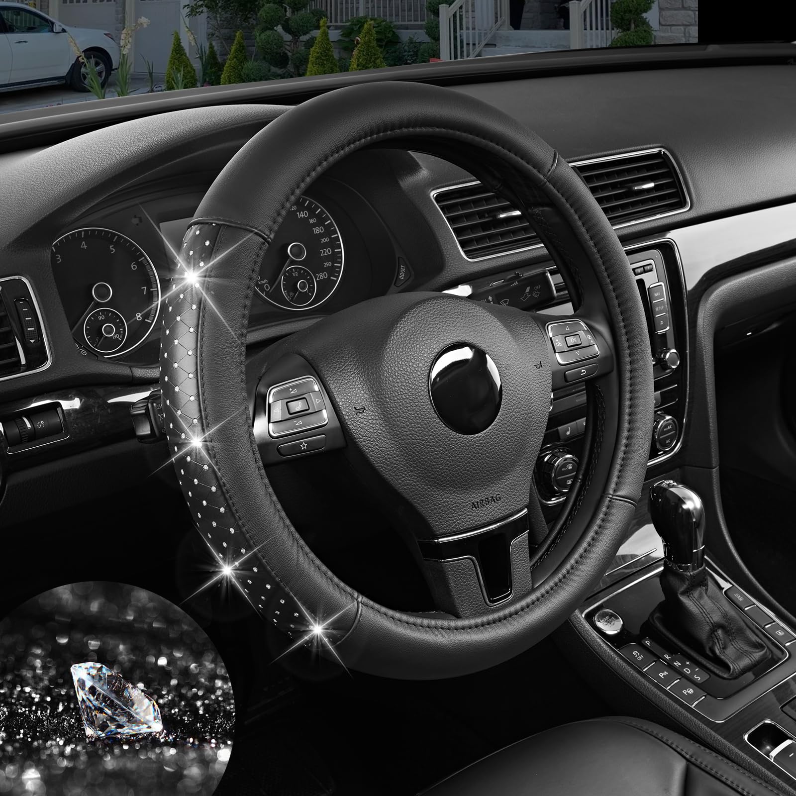 Photo 1 of Road Comforts Bling Steering Wheel Cover for Women Girls, Sparkly Rhinestone Leather, Diamond Car Accessories, Anti-Slip Thick Soft Grip, Universal 14.5–15 Inch, for Her