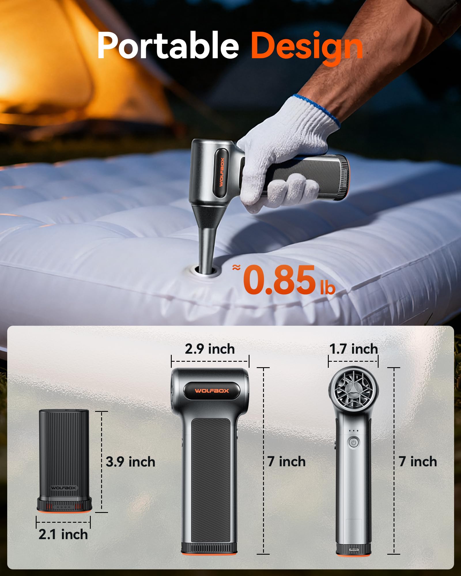 WOLFBOX MF200 - Spolverino elettrico ad aria con batteria rimovibile e 4 ugelli, mini ventilatore senza fili regolabile a 3 velocità per tastiera del computer, pulizia auto, casa e uso esterno