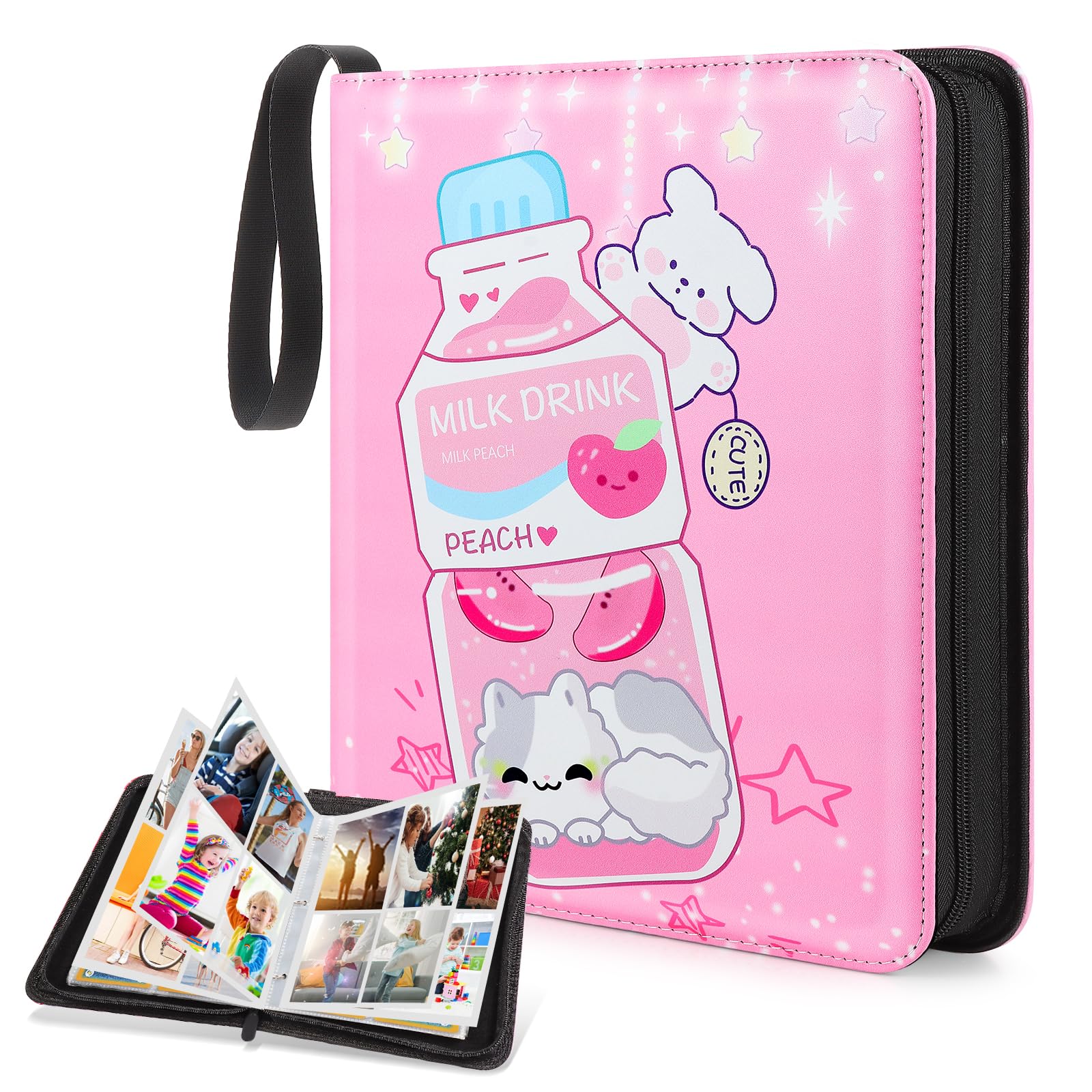 Trading Card Binder,440 Cards Collectible Trading Card Holder Case with 55 Sleeves, 4 Pocket for TCG Game Cards Collection Sports Trading Cards Collector Album (Pink milk bottle, 440 Pockets)