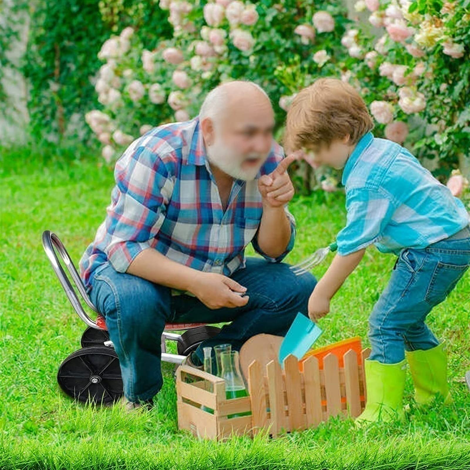 Seggiolino da giardinaggio su ruote con porta attrezzi per piccoli attrezzi da giardino, verde
