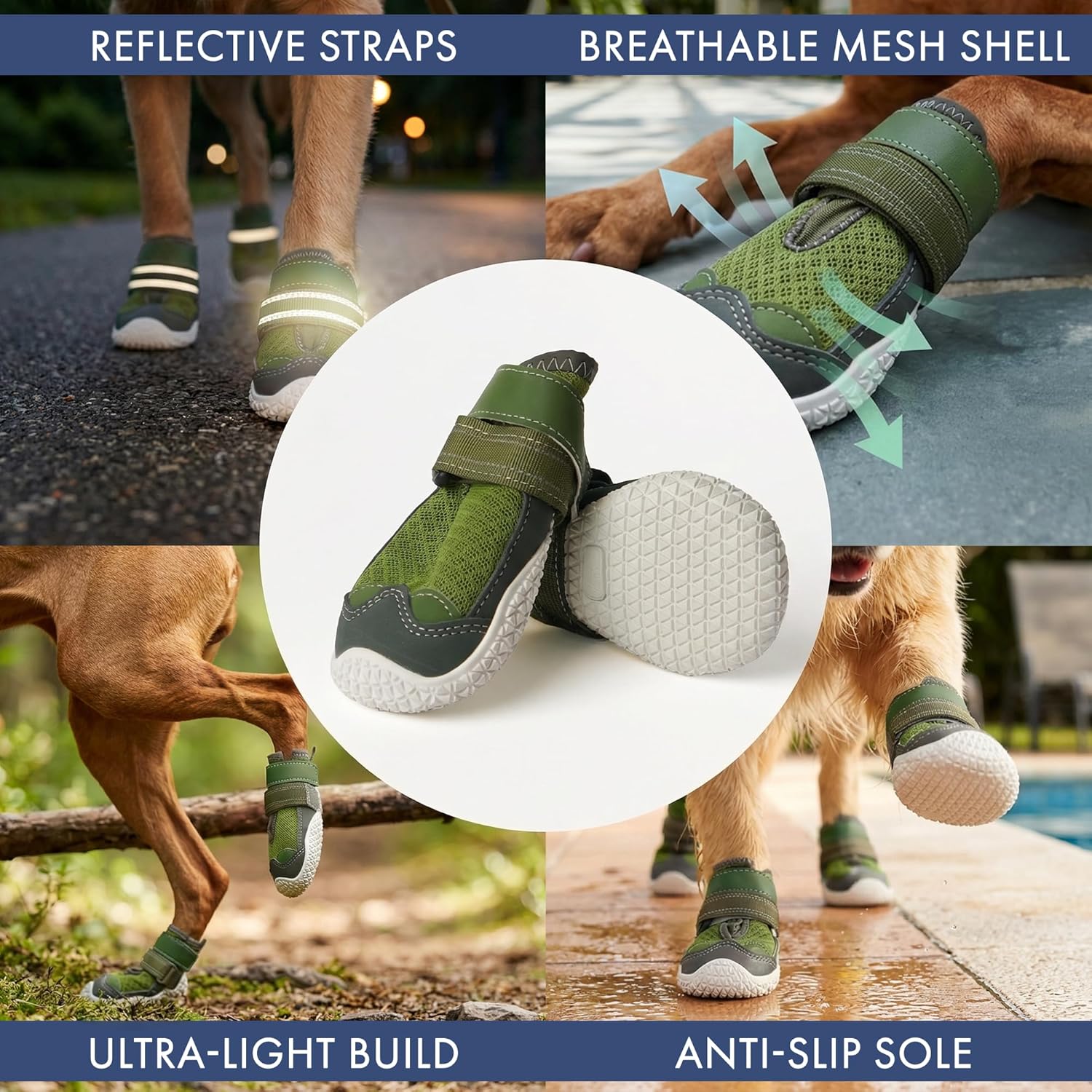 Spark Paws Dog Shoes for Large Small Medium Dogs Breathable Dog Booties for Hiking, Summer Hot Pavement Paw Protectors for Non Slip Rubber Dog Boots for Outdoor (Green, Size 5)