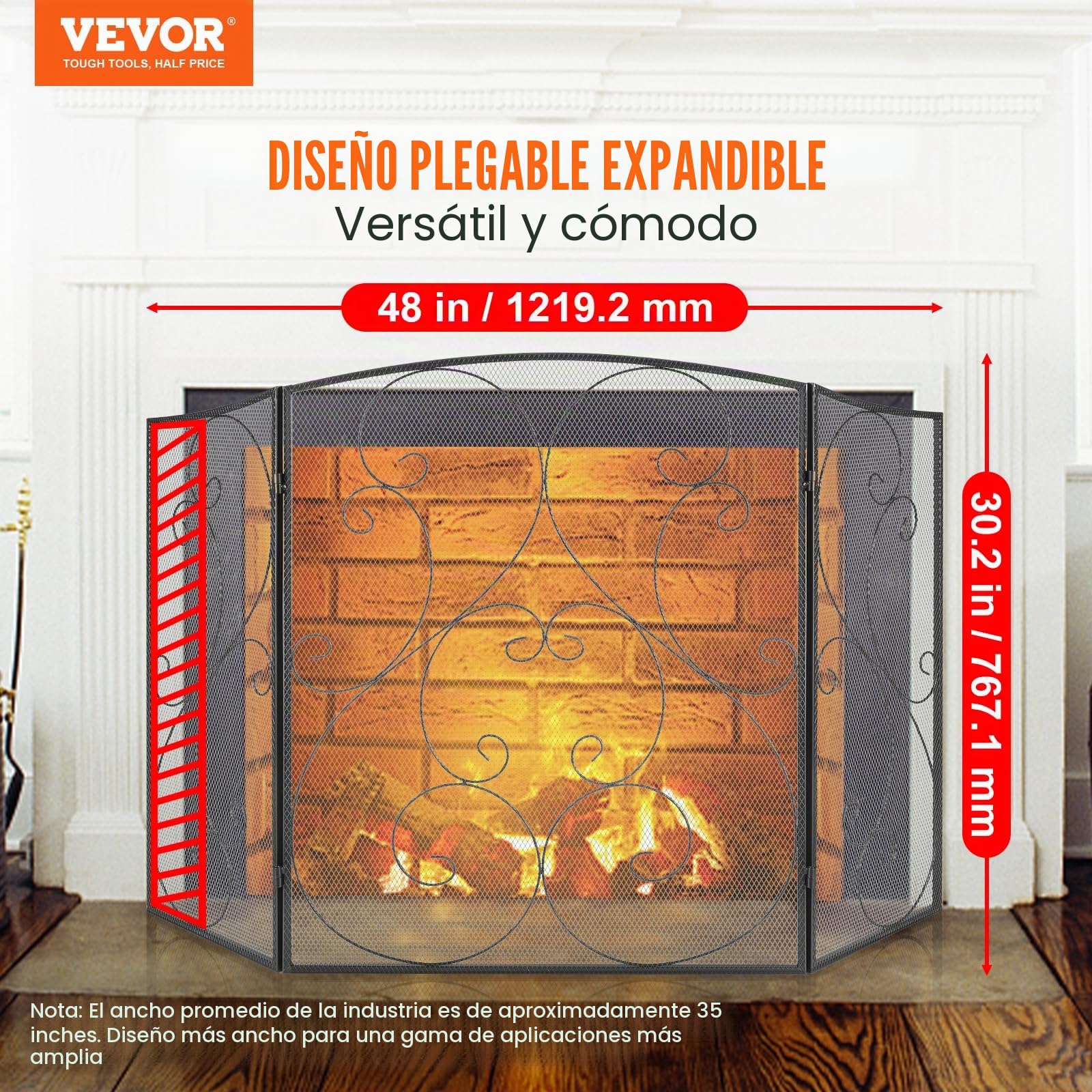 VEVOR Pantalla para Chimenea 3 Paneles Salvachispas para Chimenea de Hierro 121,9x76,7 cm Protector Chimenea Independiente, No Requiere Ensamblaje para Sala de Estar Decoración del Hogar, Negro