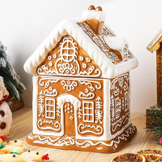 Chunful Gingerbread House Christmas Candy Jar with Lid 9.3 Inch Ceramic Christmas Cookie Jar Decorative Treats Storage Container for Holiday Kitchen Xmas Decoration Gift Counter