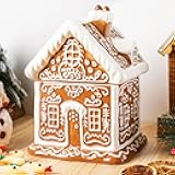 Gingerbread House Christmas Candy Jar with Lid 9.3 Inch Ceramic Christmas Cookie Jar Decorative Treats Storage Container for Holiday Kitchen Xmas Decoration Gift Counter