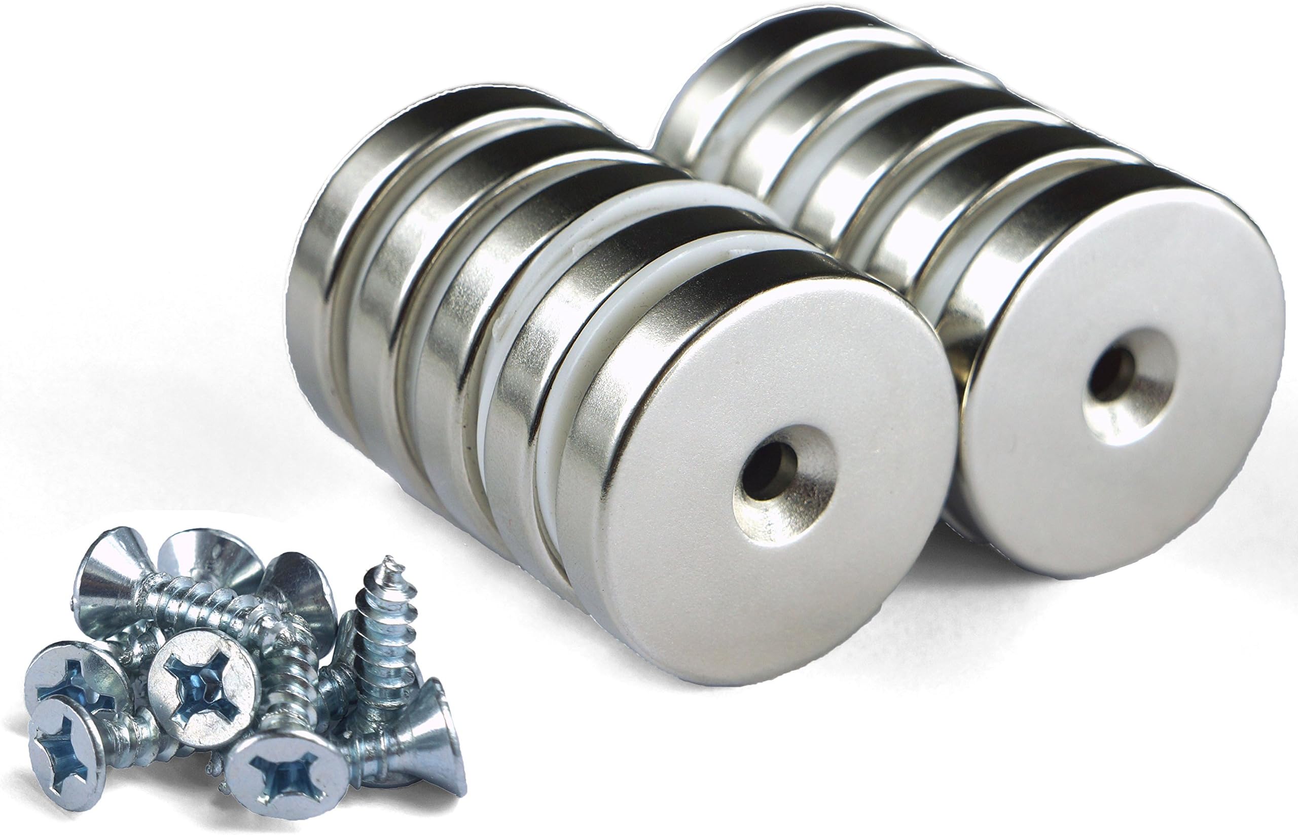 10-Pack Neodymium Countersunk Disc Magnets with Screws | 50lb |1.26" x 1/4" Rare Earth Permanent Mounting Magnets for Industrial, Shop, and Home Use